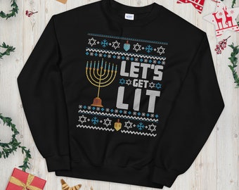 Let's Get Lit Menorah Ugly Christmas Sweater Hanukkah Sweatshirt