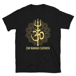 May include: Black t-shirt with a gold Om symbol and a trident inside a mandala. The text "Om Namah Shivaya" is printed below the mandala.