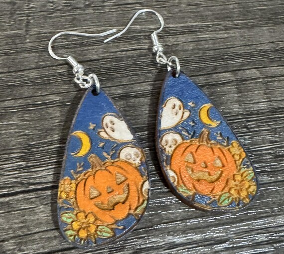Halloween Scene Earrings with Ghost, Jack O' Latern, Flowers, and the Moon
