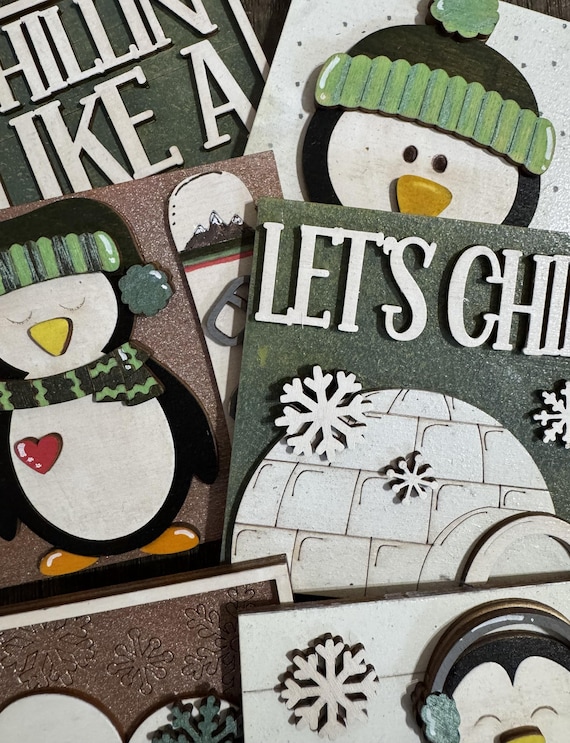 Hand-Painted Penguin Winter Tiles • Interchangeable Wood Frame Inserts