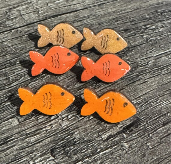 Fish Earrings, Orange and Gold, Customizable Clip-Ons and Studs