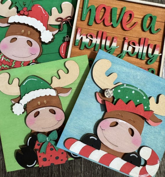Hand Painted Christmas Tiles • Interchangeable Wood Inserts for Frames • Cute Moose Reindeer Decor