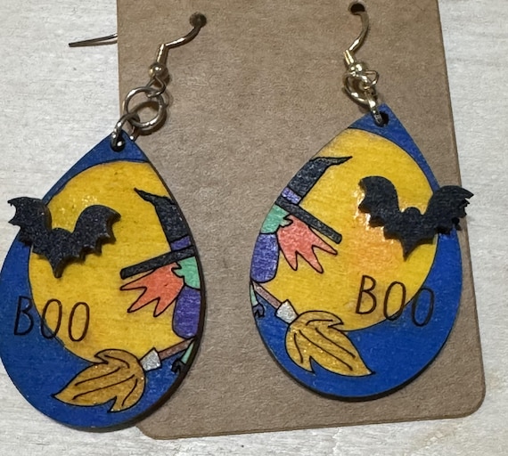 Witch on a Broom Earrings with "Boo" Engraved