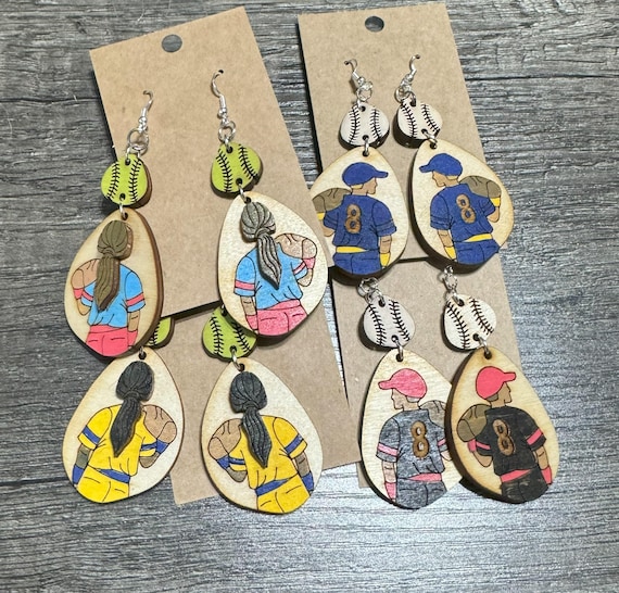 Baseball or Softball Player Earrings * Customizable Wood Earrings