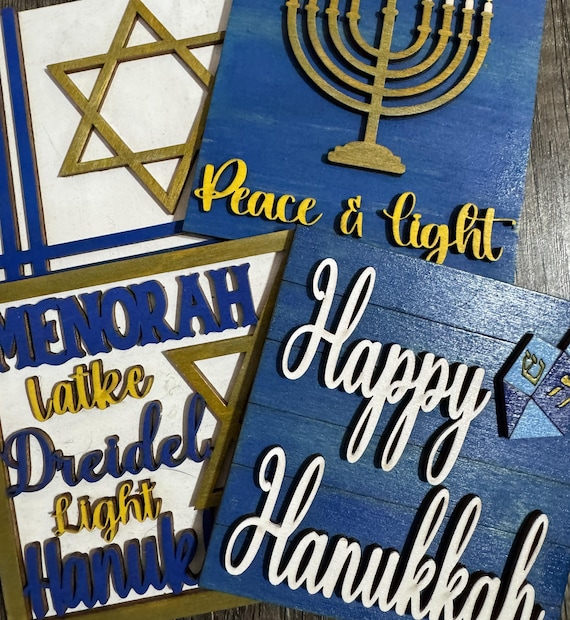 Hand Painted Hanukkah Tiles • Interchangeable Wood Inserts for Frames • Jewish Holiday Decor Set