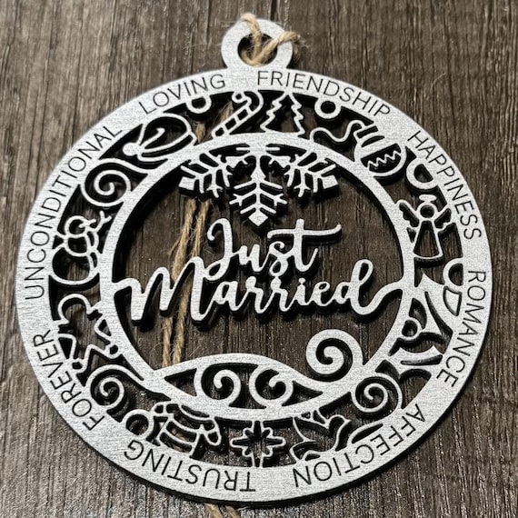 Just Married Wood Ornament Painted Silver