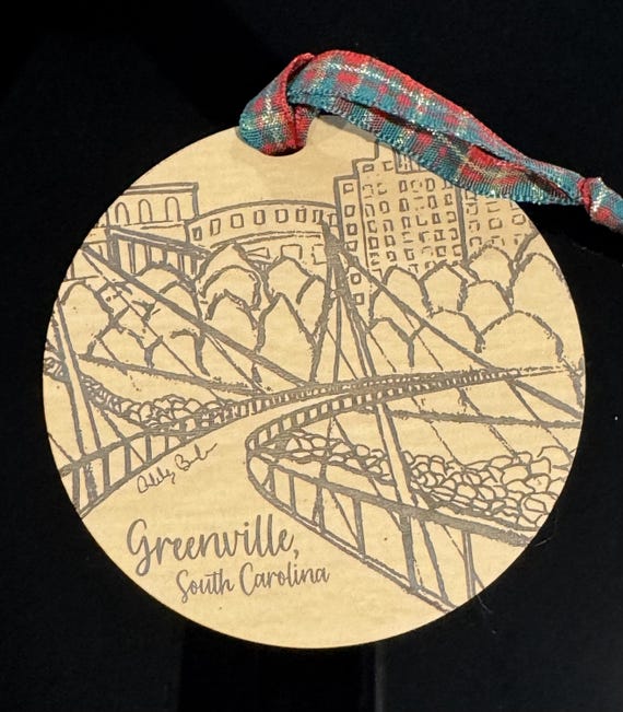 Greenville, South Carolina (SC) Liberty Bridge Hand-drawn Wood Ornament * Featuring Ashley Brickner Artwork