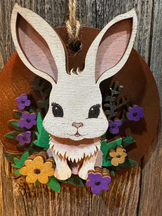 Layered Wood Ornament with a Bunny Rabbit and Flowers