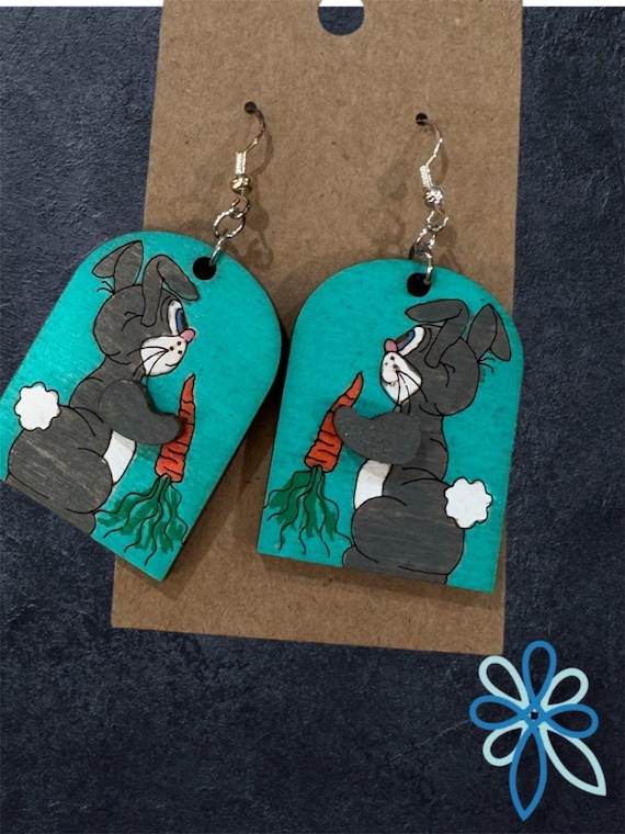 Gray Rabbit with Carrot Earrings * Wood Hand-Painted Earrings