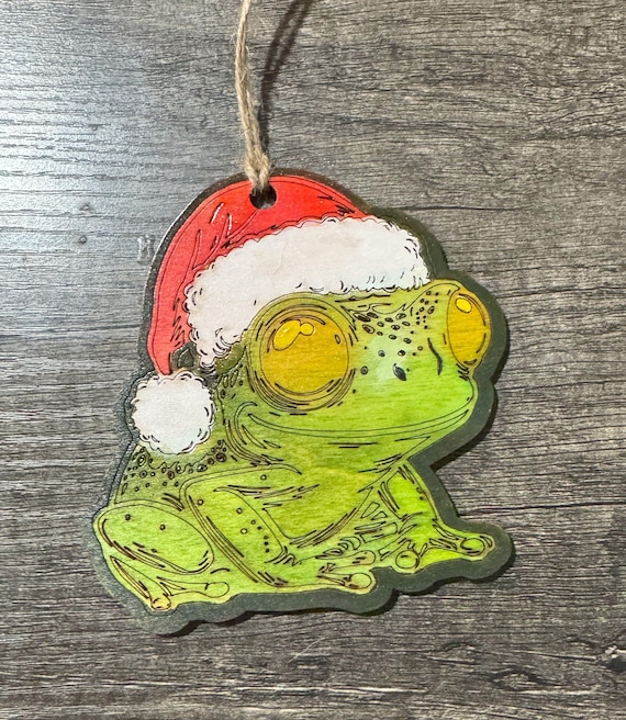 Watercolor Frog Toad with Santa Hat * Christmas Ornament