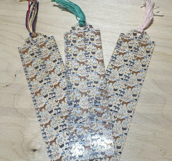 Farm Boomarks featuring Horses, Pigs, Sheep, Rabbits, Cows, Chickens, Donkeys, and Ducks