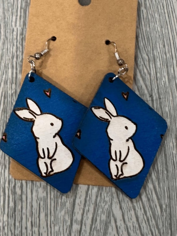 White Rabbit Earrings * Wood Hand-Painted* Blue Diamond Shaped