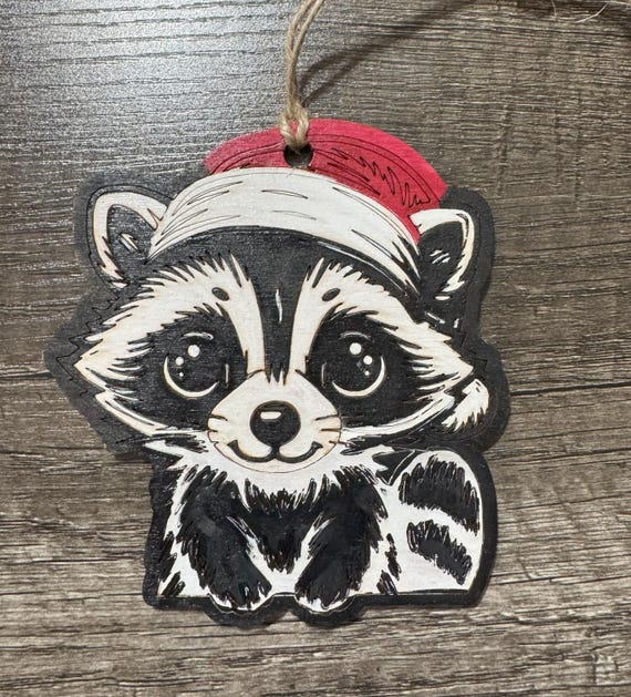 Racoon Santa Hat Ornament * Hand-Painted Wood Ornament