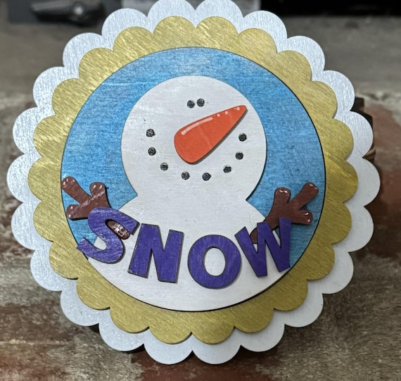 Hand Painted Snow and Snoman Themed Round Tile Inserts • Winter Interchangeable Decor