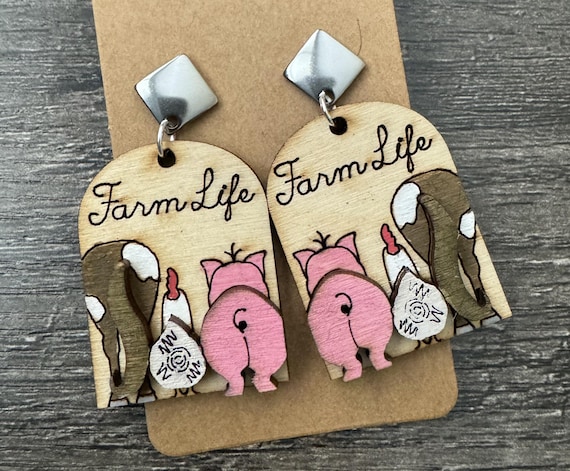 Farm Life Earrings Featuring a Horse, Chicken, and Pig
