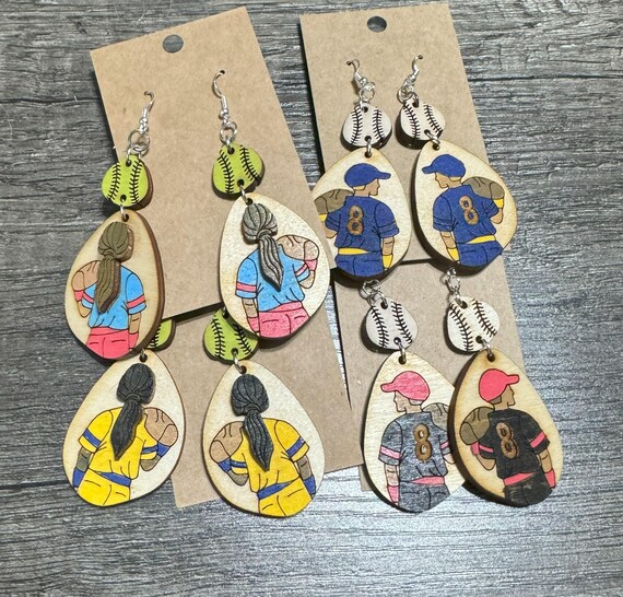 Baseball or Softball Player Earrings  * Customizable Wood Earrings