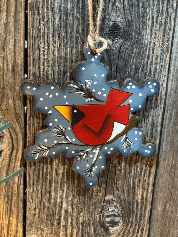Hand-Painted Cardinal on Snowflake Shaped Wood Christmas Ornament A12