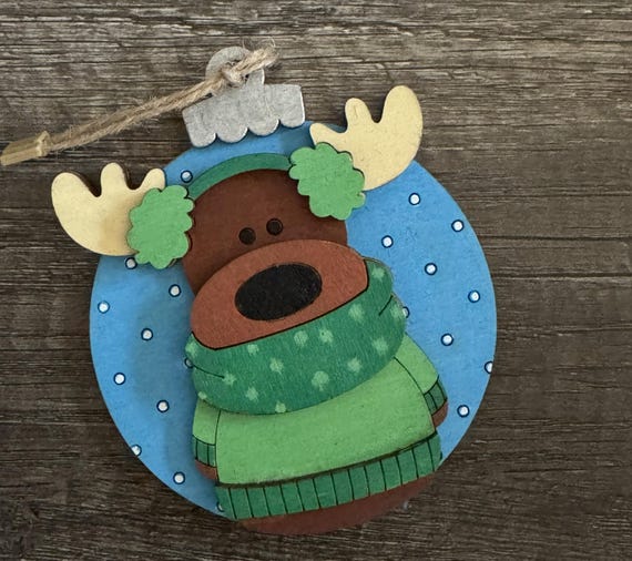 Moose with Ear Muffs Wood Layered Christmas Ornament - In Stock and Custom Options Available
