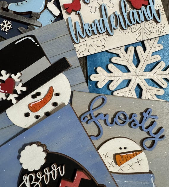 Hand Painted Winter Tiles • Interchangeable Wood Inserts for Frames • Snowman Snowflake Decor Se