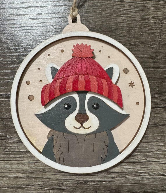 Racoon Winter Hat Ornament * Hand-Painted Wood Ornament
