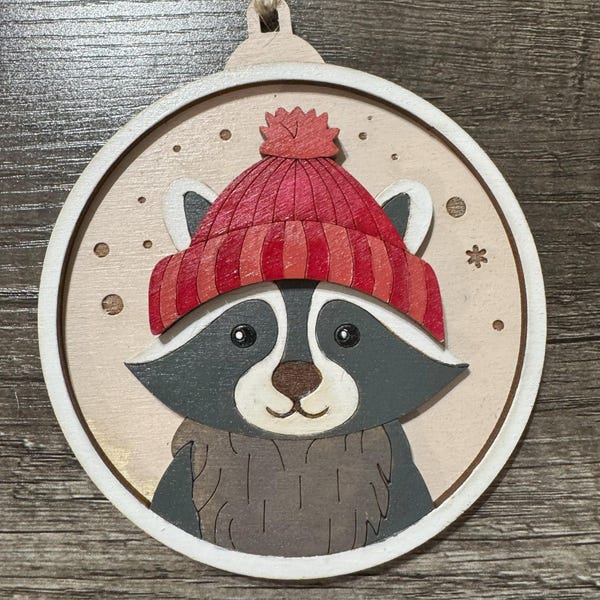 Racoon Winter Hat Ornament * Hand-Painted Wood Ornament