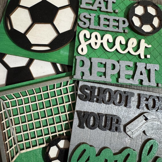 Hand‑Painted Soccer Wood Tile Set - Mix and Match, Tiered Tray Decor