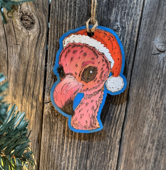 Watercolor Flamingo with Santa Hat * Christmas Ornament