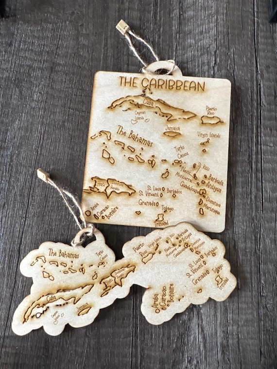 Caribbean Map Ornament, Commemorative Trip, Color Your Own