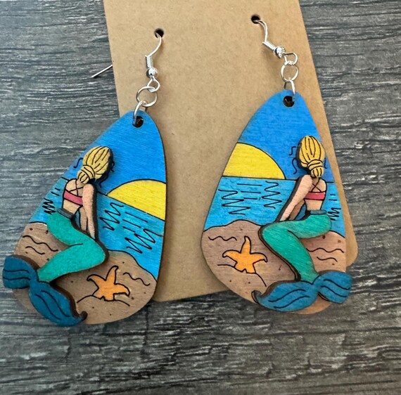 Mermaid Dangle Earrings * Mermaid Looking Over Ocean * Options & Customizations Available