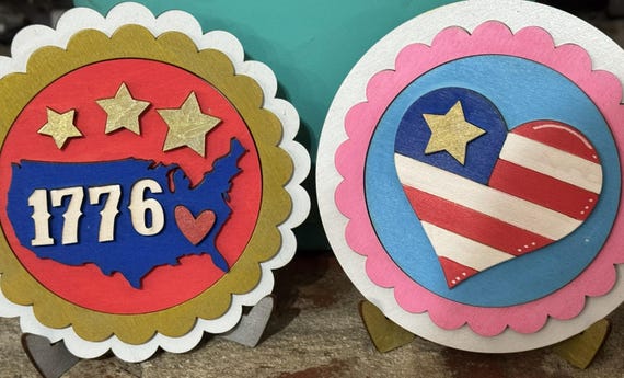 Handmade Patriotic Round Signs • Americana Wood Decor • USA Heart and 1776 Display Set