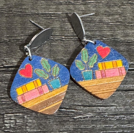 Reading Themed Earrings with a Plant - Rounded Diamond Shape - Options Available