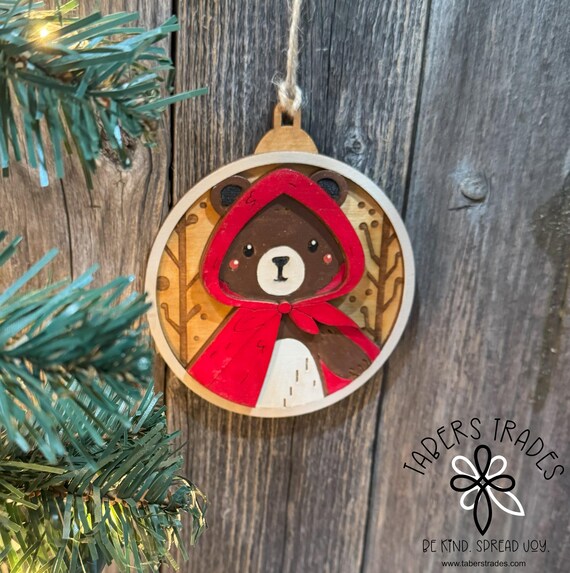 Red Riding Hood Bear Ornament, Two-Layer Wood Christmas Decor