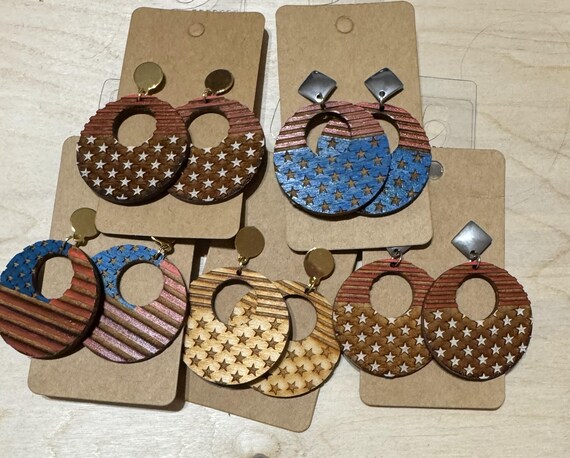 America Stars and Stripes * United States * 4th of July * Wood Earrings