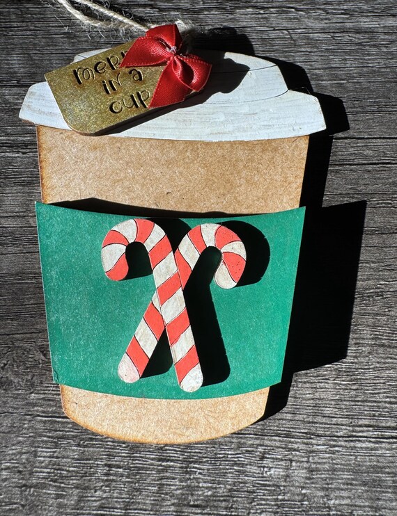 Coffee Cup with Candy Canes Ornament Gift Card Holder - Merry in a Cup - Custom Orders and In Stock Available