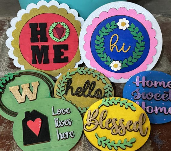 Handmade Home Themed * Blessed * Family Name * Round Tiles • Interchangeable Round Plaques • Bright Seasonal Decor for Tiered Trays