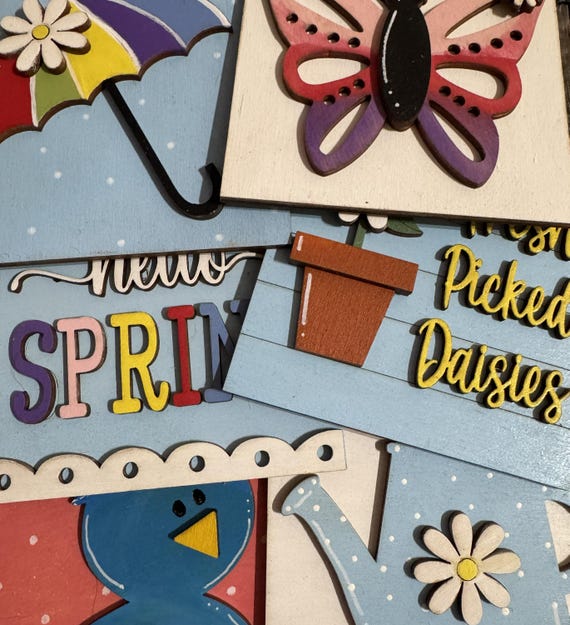 Spring Garden Tile Set – Hand‑Painted 4.25” Wooden Tiles – Flowers, Rain Boots, Rainbow, Bird, Umbrella & Watering Can Decor