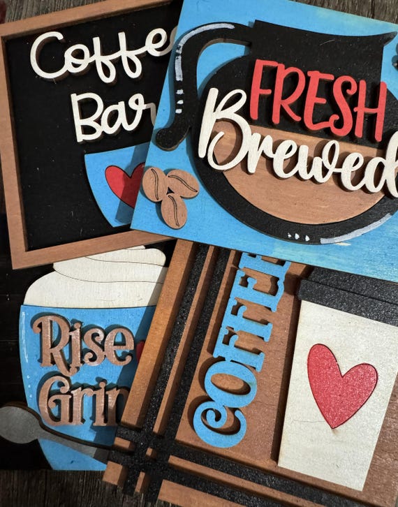 Hand-Painted Coffee Bar Wood Tile - Mini Kitchen Decor