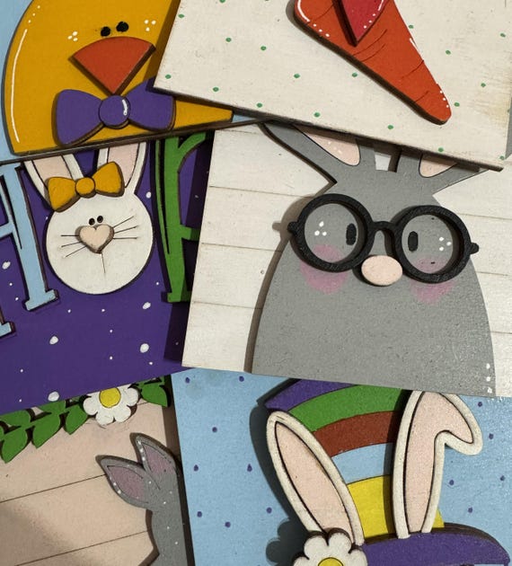 Hand-Painted Easter Wooden Tile Set – Spring Tiered Tray Decor