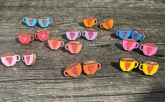 Hand-Painted Coffee Mug Stud Earrings – Heart Cup, Cozy Drink Lover Accessory