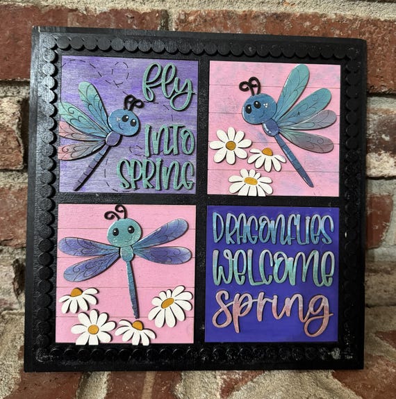 Dragonfly Spring Tile Set – Hand‑Painted 4.25” Wooden Tiles –