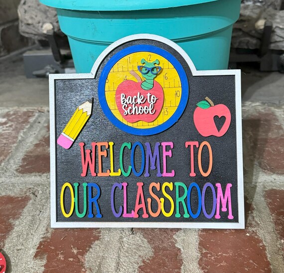 Handmade Classroom Welcome Sign • Colorful Teacher Decor • Pencil and Apple School Art * Interchangeable Frame