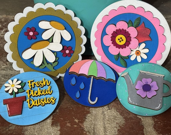 Handmade Spring Showers and Flowers Round Tiles • Interchangeable Round Plaques • Bright Seasonal Decor for Tiered Trays