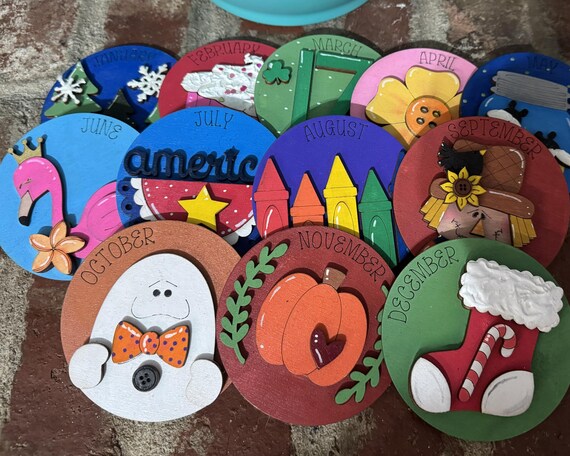 Hand‑Painted 12 Months of the Year - Mini, Medium, Large, & Jumbo Wood Rounds – Mix and Match Seasonal Decor, Tiered Tray Accents