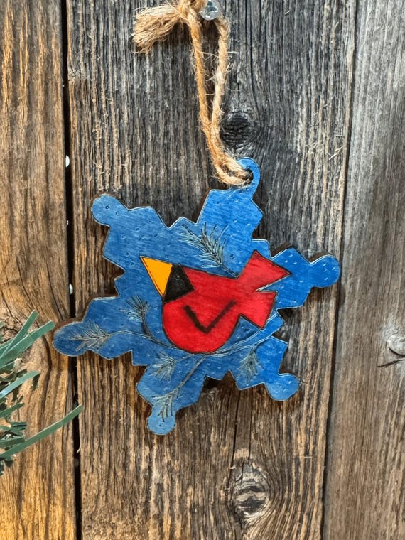 Hand-Painted Cardinal on Snowflake Shaped Wood Christmas Ornament A13