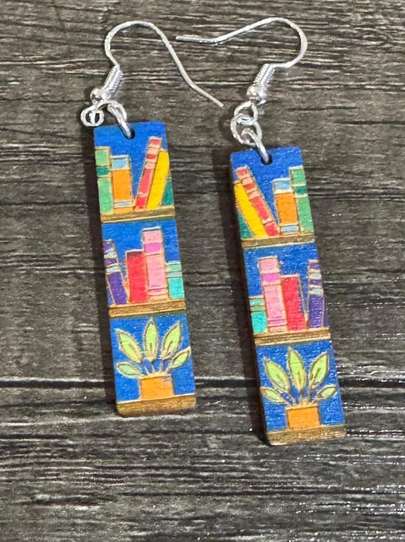 Reading Themed Earrings with a Plant - Long Rectangle Shape - Options Available (Copy)