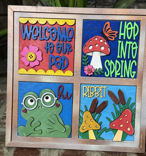 Hand‑Painted Spring Mini Signs – Frog Decor, “Hop Into Spring” Tiered Tray Accents, Cute Seasonal Shelf Art