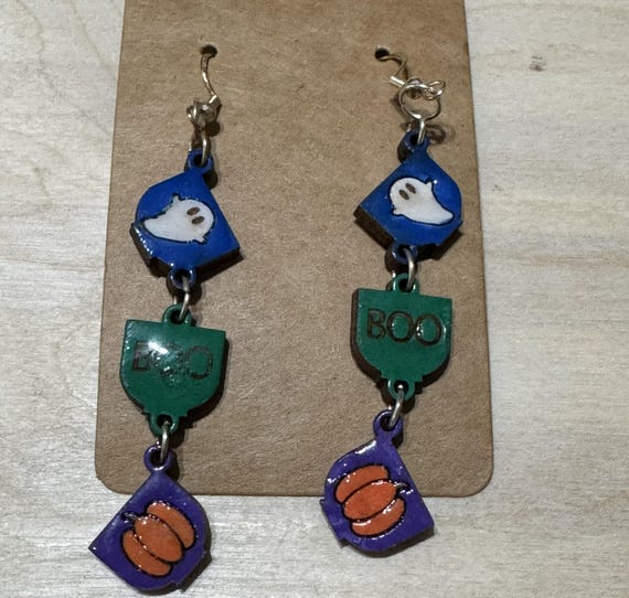 Halloween Long Dangle Earrings with a Ghost, "Boo," Pumpkin Coffee Cups
