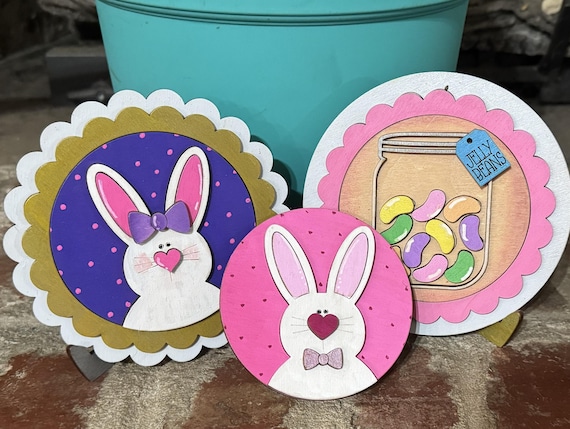 Handmade Easter Bunny and Jelly Beans Round Tiles • Interchangeable Round Plaques • Bright Seasonal Decor for Tiered Trays