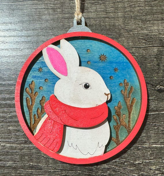 Layered Wood Ornament with a Bunny Rabbit in a Scarf - Options Available