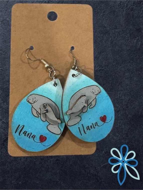 Manatee Earrings with Nana Engraved - Several In-Stock Options & Customization Available